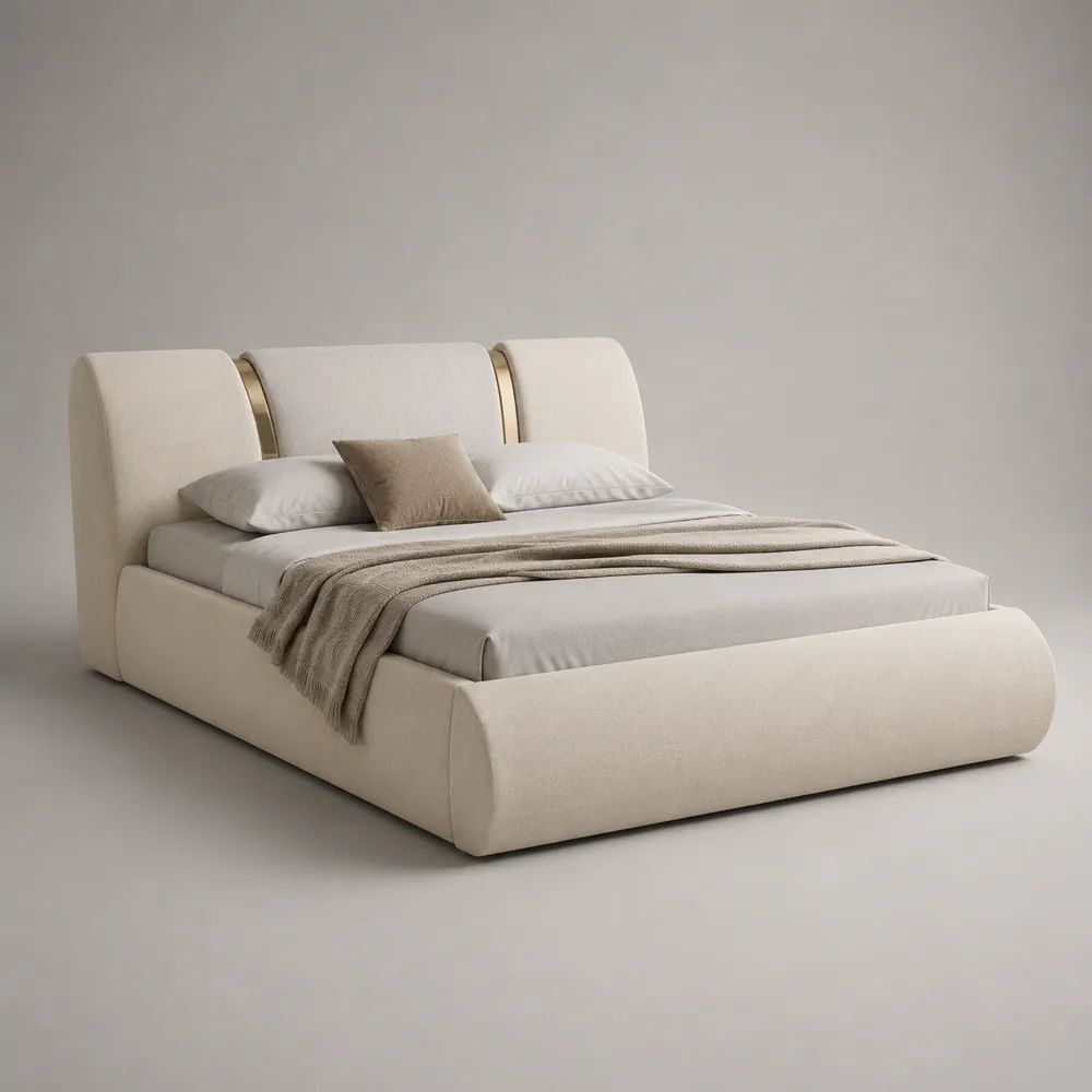 Stauraumbett 180 × 200 cm mit Bettkasten und Lattenrost, Polsterbett aus Polyester-Bouclé in Creme/Gold, Gesamtmaß 205 × 230 × 115 cm