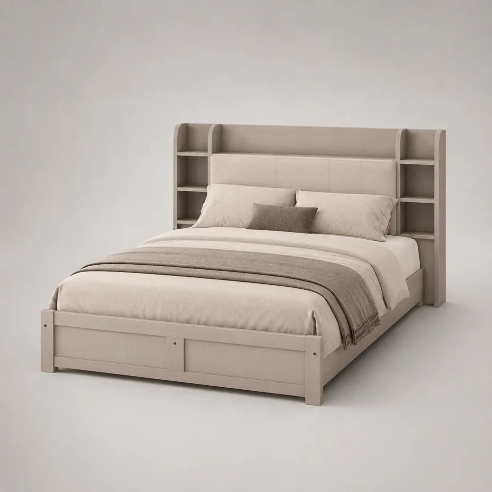 Doppelbett mit Regal-Kopfteil und Polsterfläche aus MDF und Kiefer-Massivholz, Taupe/Beige, Liegefläche 160 × 200 cm