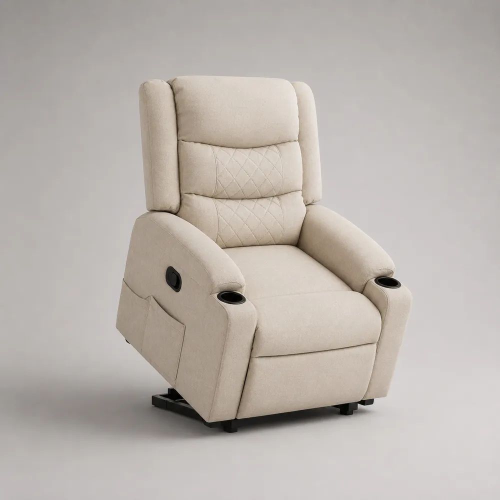 Elektrischer Fernsehsessel mit Aufstehhilfe, 2 Getränkehaltern und Chenillebezug, Beige/Schwarz, 93 × 96 × 105 cm