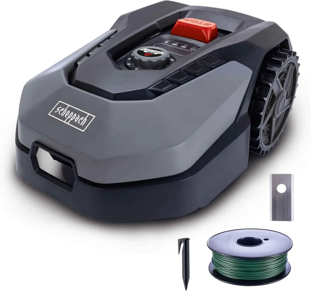 Scheppach RLM500W Mähroboter für 500 m², 18 cm Schnitt, 20-60 mm Höhe, Regensensor, WiFi & Bluetooth, App-Steuerung, 35% Steigung, inkl. Ladestation, 9 Klingen, 100 m Kabel & 130 Haken