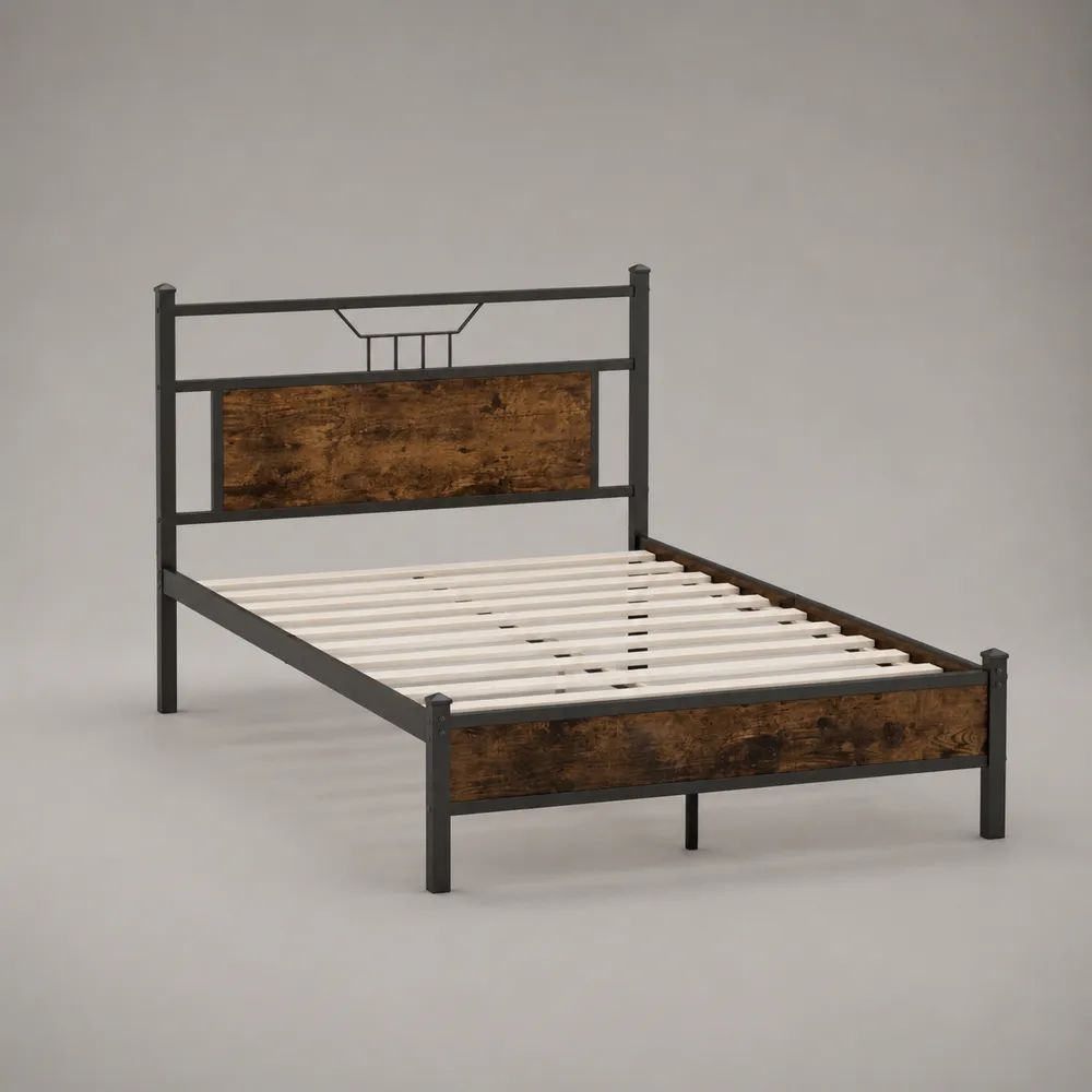 Metallbett mit Lattenrost aus Stahl und Holzwerkstoff, 140 × 200 cm, Schwarz/Dunkelbraun