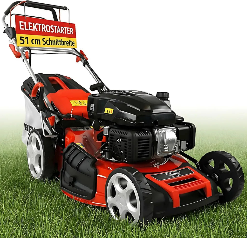 HECHT Benzin-Rasenmäher 5-in-1 – Leistungsstarker 4-Takt-Motor 4,0 kW – Elektrostart – 51 cm Schnittbreite – 65 l Fangkorb – Antrieb und patentierte Räder – Mulchfunktion