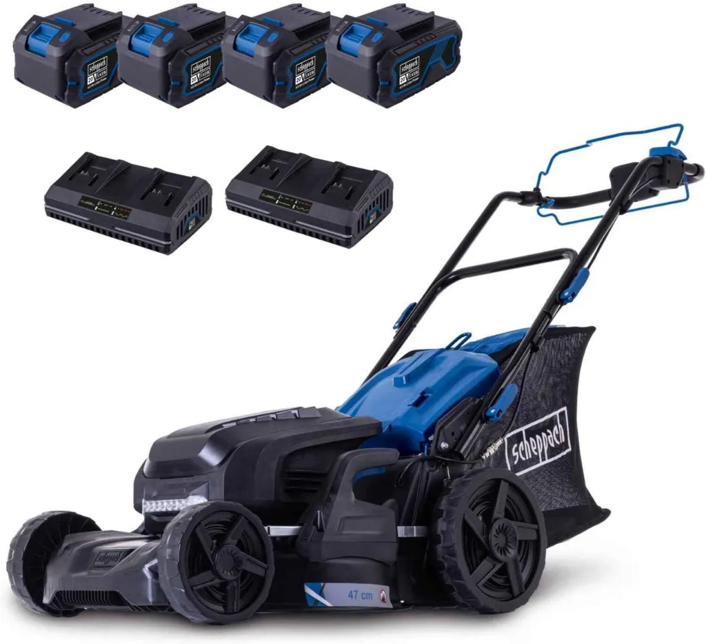 Scheppach Kabelloser Rasenmäher BC-MP470-X mit variabler Antriebstechnik, 47 cm Schnittbreite, bis zu 700 m² Fläche, seitlicher Auswurf, Mulchfunktion, 20V-IXES-Serie, 10 Jahre Garantie, inklusive 4x 4Ah Akkus & 2x Doppelladegeräte