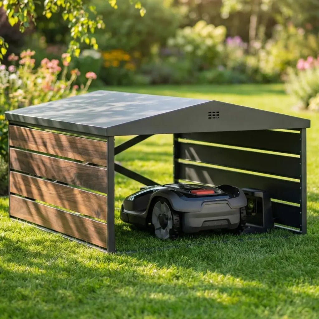Robuste Mähroboter-Garage aus Stahl, schwarz und holzoptik, modernes Satteldachdesign, 84x72x45 cm, universal einsetzbar