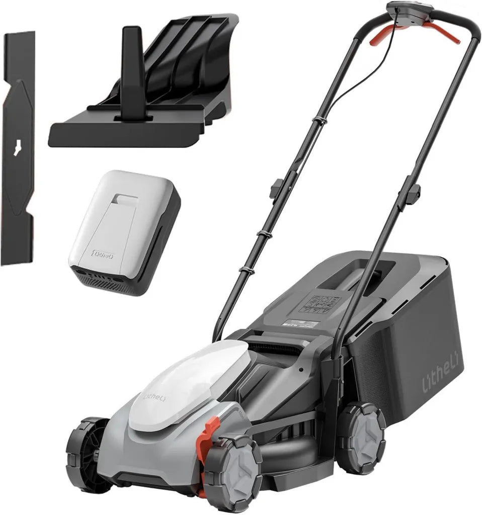 Litheli Kabelloser Rasenmäher mit 5,0Ah Akku, 33cm Schnittbreite, Bürstenloser Motor, 25–65 mm Schnitthöhe, 35L Grassfangkorb, Reichweite bis 300 m²
