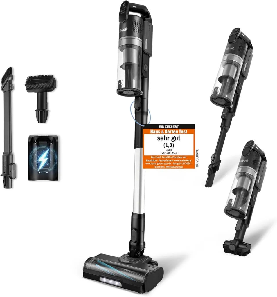 Levoit Kabelloser Staubsauger LVAC-200 MAX mit 100m² Laufzeit, 99,99% HEPA-Filter, Anti-Tangle für Tierhaare, Teppiche, Hartböden & Auto