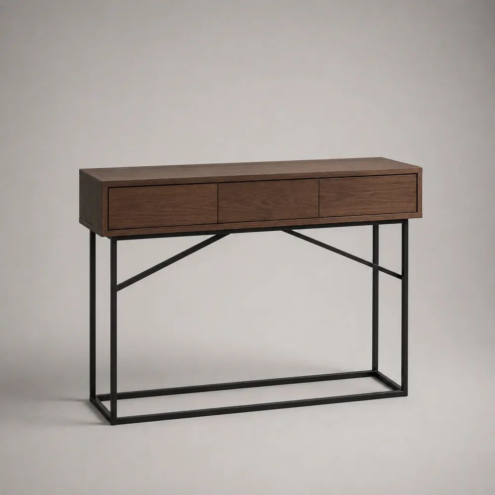 Konsolentisch mit 3 Schubladen aus MDF und Stahl, Walnussbraun/Schwarz, 120 × 35 × 80 cm