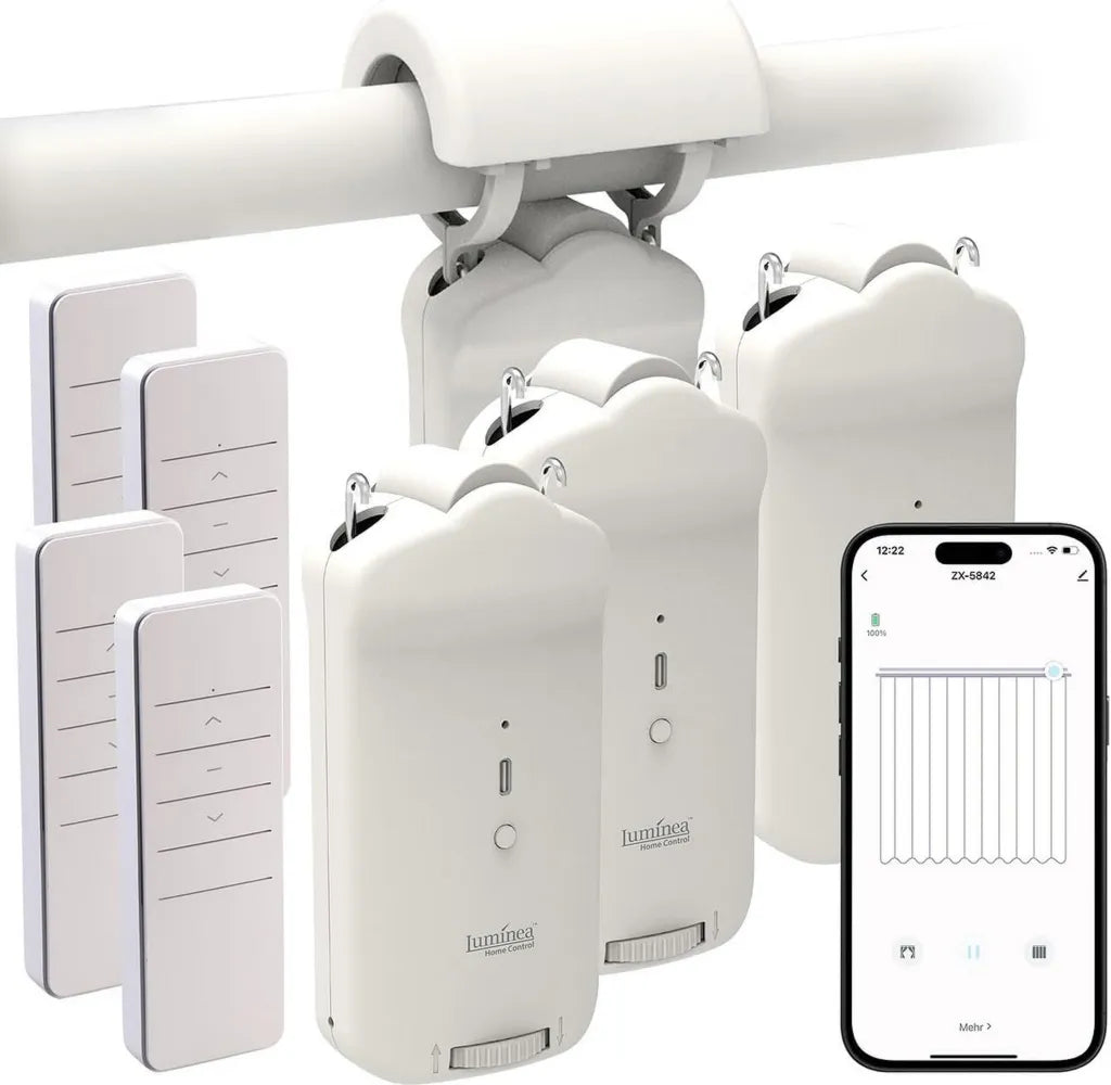 Luminea Smarter Vorhangmotor Set: 4er Bluetooth-Vorhangöffner mit Akku und App-Steuerung
