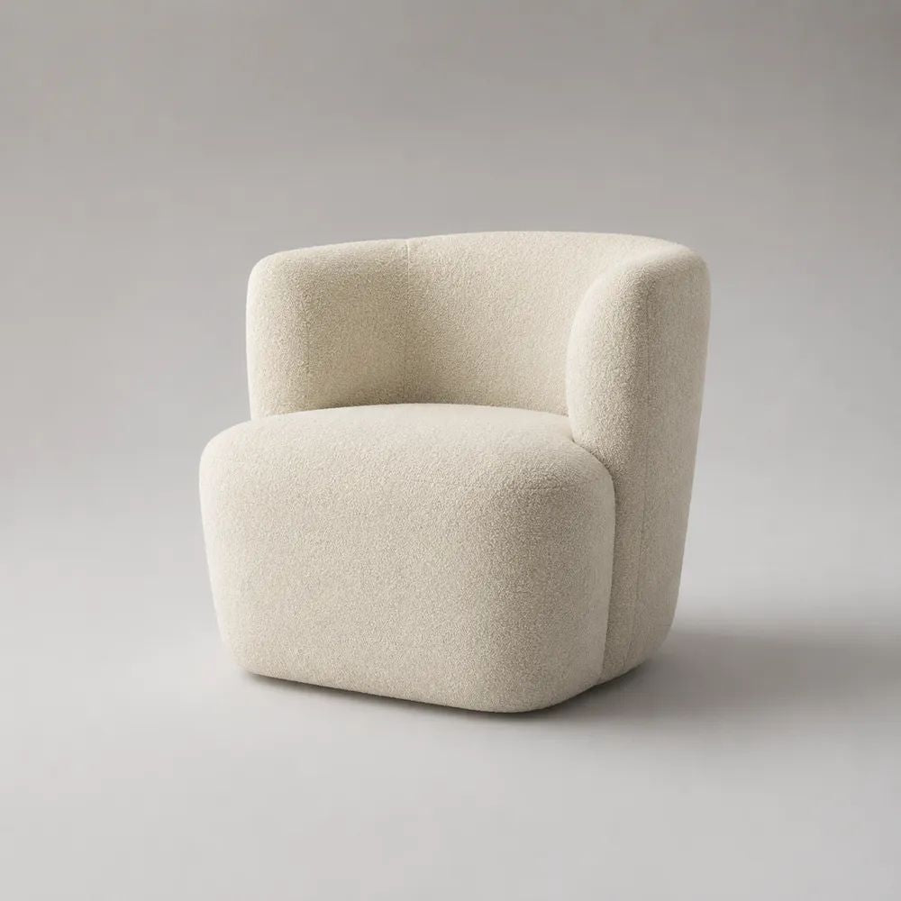 Bouclé-Sessel aus Polyester mit Armlehnen, abgerundete Form, Cremeweiß, 78 × 75 × 73 cm