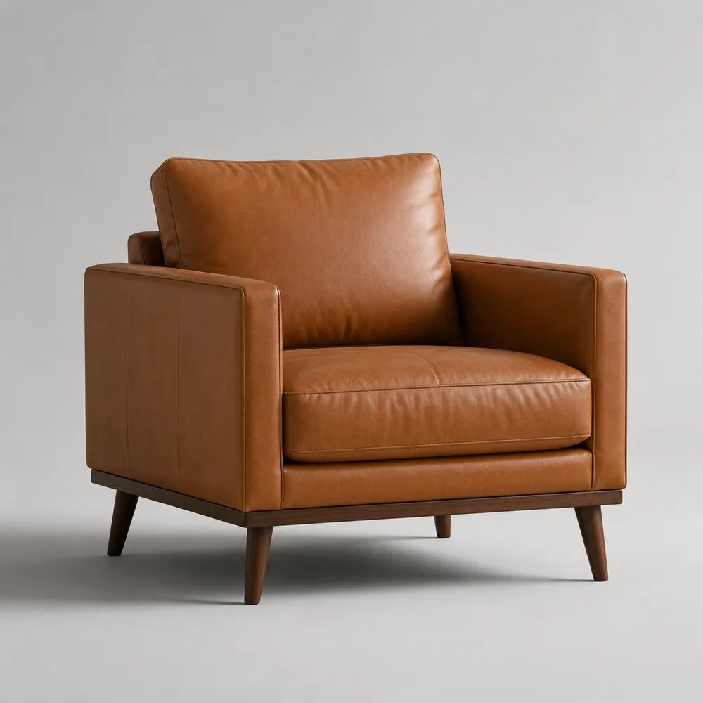 Polstersessel aus cognacbraunem PU-Kunstleder mit Massivholzgestell, 92 × 86 × 84 cm