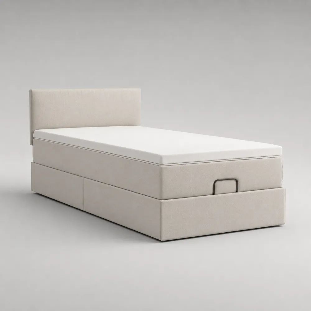 Stauraumbett-Komplettset 120 × 200 cm mit Matratze und Topper, Polyesterbezug, Cremeweiß