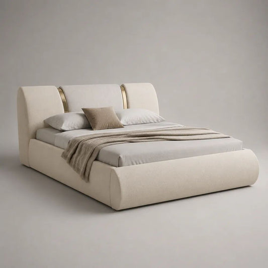 Stauraumbett 180 × 200 cm mit Bettkasten und Lattenrost, Polsterbett aus Polyester-Bouclé in Creme/Gold, Gesamtmaß 205 × 230 × 115 cm