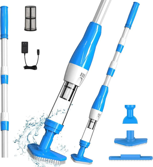 Kabelloser 3-in-1-Poolreiniger mit Akku, 90 Min. Laufzeit, Teleskopstange, geeignet für kleine Pools, Spas und Whirlpools, Blau