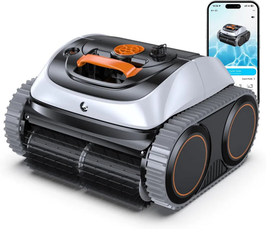 Winny C1 Poolroboter Kabellos - Akku, Boden- & Wandreinigung, 150 min Laufzeit, App-Steuerung, Selbstparkend, Geeignet für Erd- & Aufstellpools, Schwarz/Weißorange