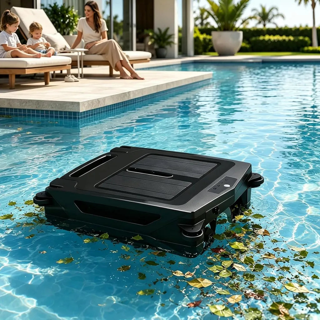 Solarbetriebener Poolskimmer-Roboter mit App-Steuerung, kabellose Reinigung, 450 µm Feinfilter, Radarnavigation, geeignet für Blätter und Pollen