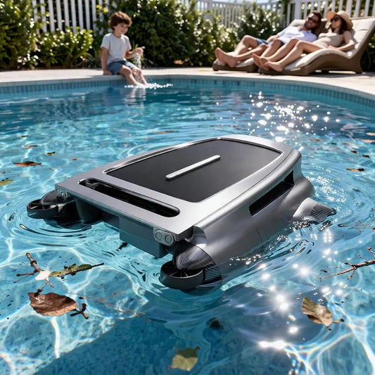 Automatischer Solar-Poolskimmer mit intelligenter Hindernisvermeidung und 450μm Filter, 5200mAh Batterie, geeignet für eingelassene und freistehende Pools bis 200㎡