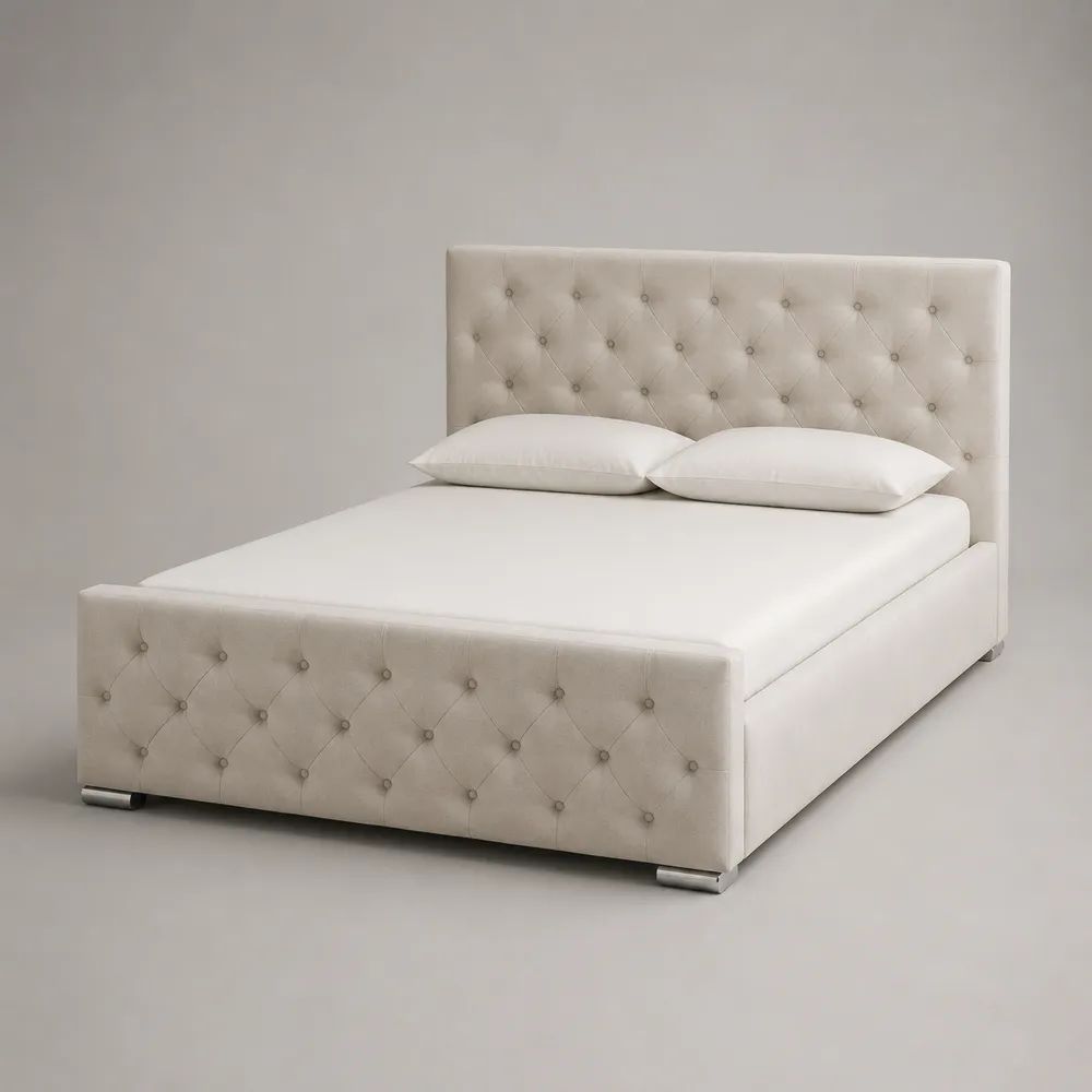 Polsterbett Doppelbett mit Samtbezug und Knopfheftung, Creme, 160 × 200 cm