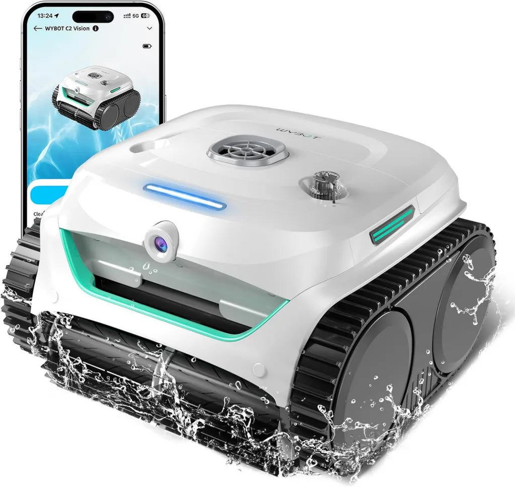 WYBOT C2 Vision AI Akku-Poolroboter mit Zwei-Schicht-Filtration und starker Saugleistung für Boden und Wand bis 180㎡ (Weiß-Grün)