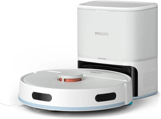 Philips Robotersauger 2-in-1 mit Saug- und Wischfunktion, 130 Min. Laufzeit, Lasernavigation, Teppichboost, Staubsammelstation, App-Steuerung, Arktikweiß