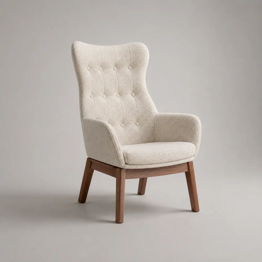 Ohrensessel mit Armlehnen aus Polyester-Bouclé und Massivholz, Creme/Walnussbraun, 75 × 80 × 105 cm