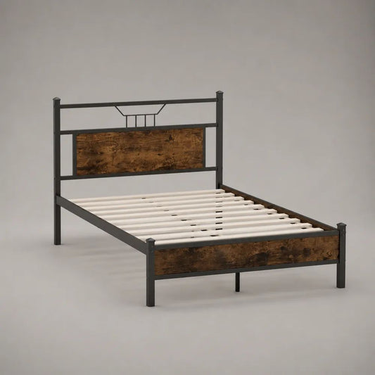 Metallbett mit Lattenrost aus Stahl und Holzwerkstoff, 140 × 200 cm, Schwarz/Dunkelbraun