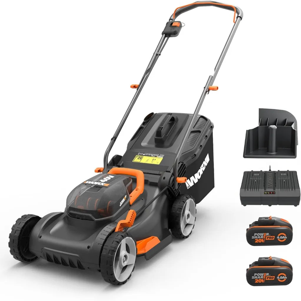 WORX WG743E 40V Akku-Rasenmäher, Mulch- und PowerShare-Funktion, kabelloses Mähen für Gärten bis 500m², mit 2x 4Ah Akkus & Dual-Ladegerät