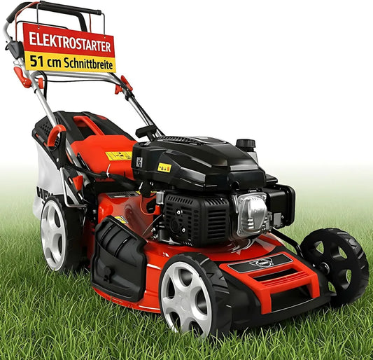 HECHT Benzin-Rasenmäher 5-in-1 – Leistungsstarker 4-Takt-Motor 4,0 kW – Elektrostart – 51 cm Schnittbreite – 65 l Fangkorb – Antrieb und patentierte Räder – Mulchfunktion
