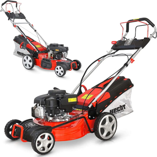 HECHT Benzin Rasenmäher 5-in-1 – 4-Takt Motor mit Elektrostart, Radantrieb und 46 cm Schnittbreite – Ideal für Flächen bis 1200 m² – Extra Grip Räder – Inklusive Mulchfunktion