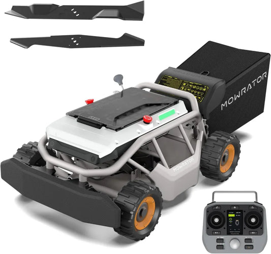 Mowrator 4WD18Ah Rasenmäher mit Fernsteuerung, Breitreifen, 40° Steigung, für Frühjahr bis Herbst, Laubzerkleinerer, variable Schnitthöhe 3,8-10,9 cm, Schnittbreite 53 cm, bis zu 4500 m²