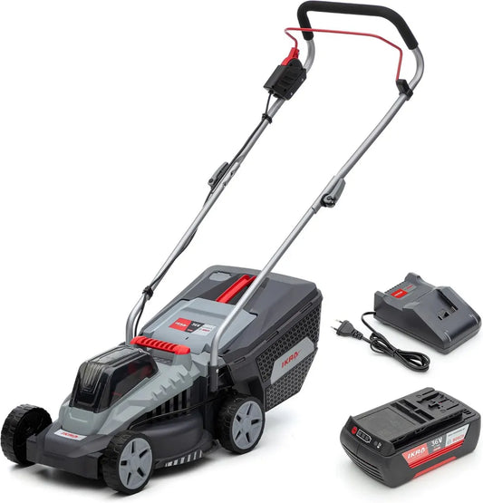 IKRA Akku-Rasenmäher 33cm, leiser Betrieb, 36V 2Ah Akku inklusive, ideal für Gärten bis 250m²