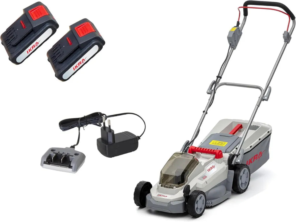IKRA Akku-Rasenmäher ICM 2033 - 33cm Schnittbreite, inklusive 2x 20V Akkus & Ladegerät, einstellbare Schnitthöhe 25-75mm, ideal für Rasen bis 150m², höhenverstellbarer Griff, 30l Fangsack