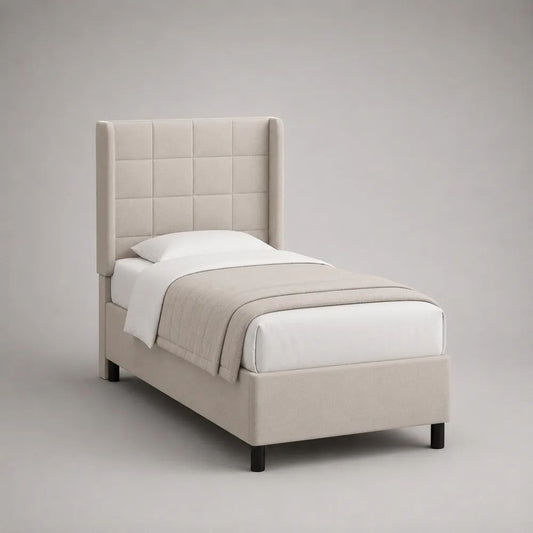 Einzel-Polsterbett 90 x 200 cm mit hohem Flügelkopfteil, Stoff, Beige