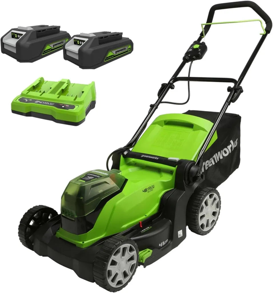 Greenworks 48V Akku-Rasenmäher, 41cm Schnittbreite, 220m² Reichweite, 50L Grasfangkorb, 6-fache Höhenverstellung, inkl. 2x 2Ah Akkus und Ladegerät