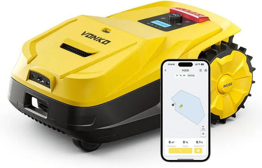 VONKO M200 Roboter-Rasenmäher mit KI-Navigation und Multi-Zonen-Management, für bis zu 1500 m² und 45% Steigung, ohne Begrenzungskabel, Maisgelb