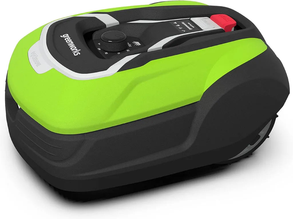 Greenworks Optimow 10 Mähroboter, App-Steuerung, für Flächen bis 1000 m², 35% Steigung, 20-60 mm Schnitthöhe, 70 Min. Laufzeit, leise, inkl. Ladestation, grün, 3 Jahre Garantie