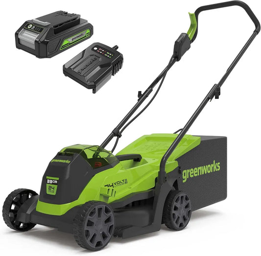 Greenworks 24V Akku-Rasenmäher, bürstenlos, bis 140 m², 33 cm Schnittbreite, inkl. 30L Fangkorb, Akku & Ladegerät, 3 Jahre Garantie