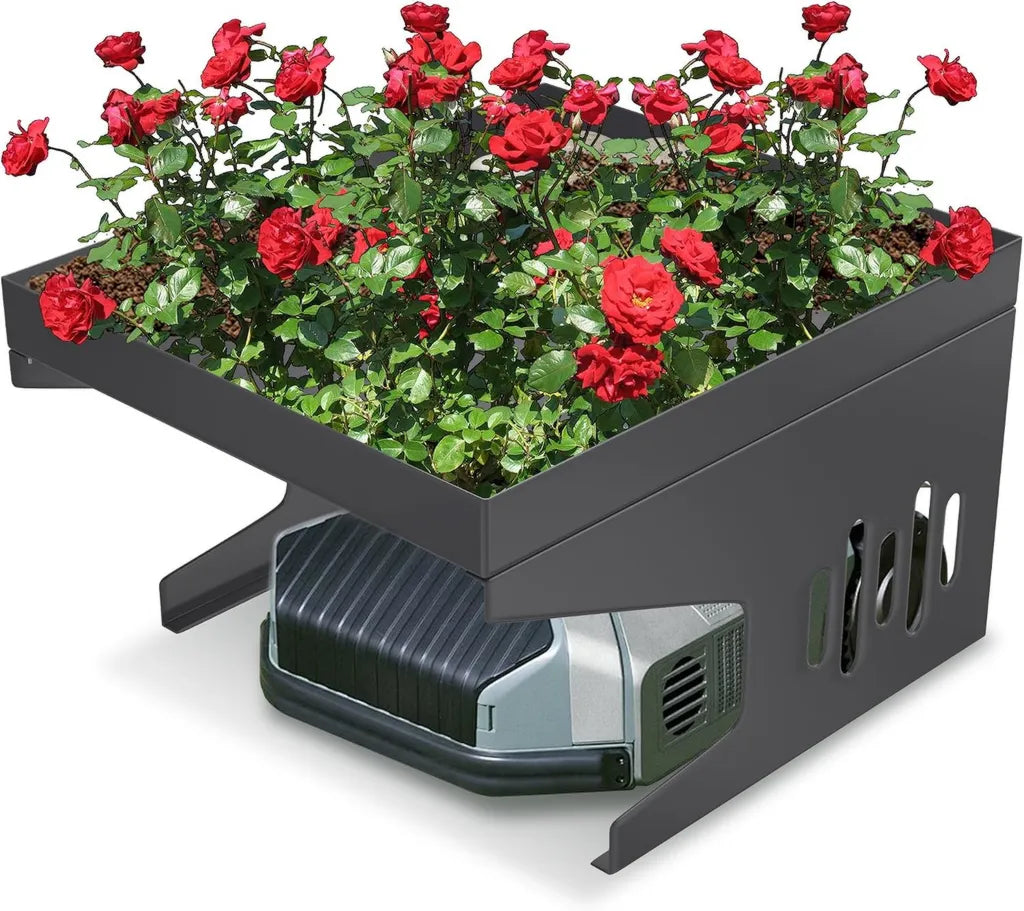 Wetterfeste Metallgarage für Rasenmähroboter mit Pflanzkasten, 70x60x43cm, Schwarz