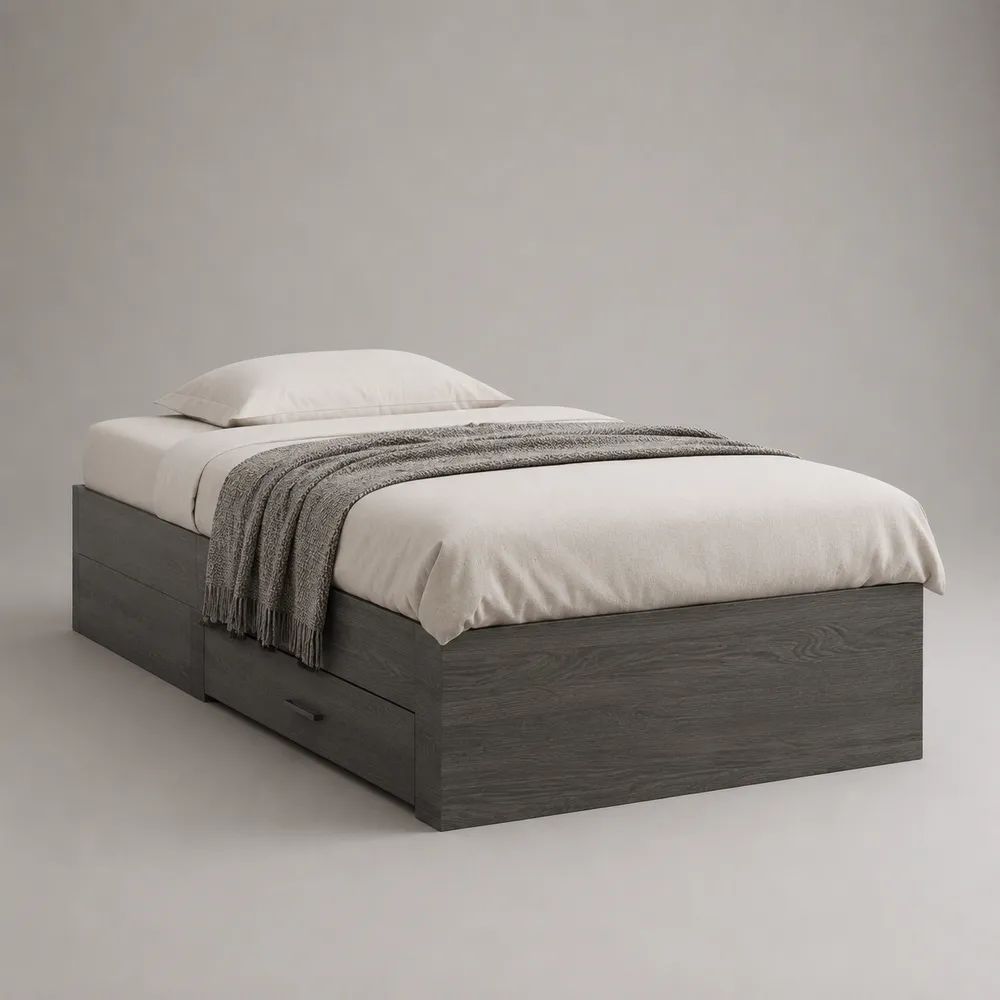 Stauraumbett 90 x 200 cm mit 2 Schubladen aus melaminbeschichteter Spanplatte, Dunkelgrau
