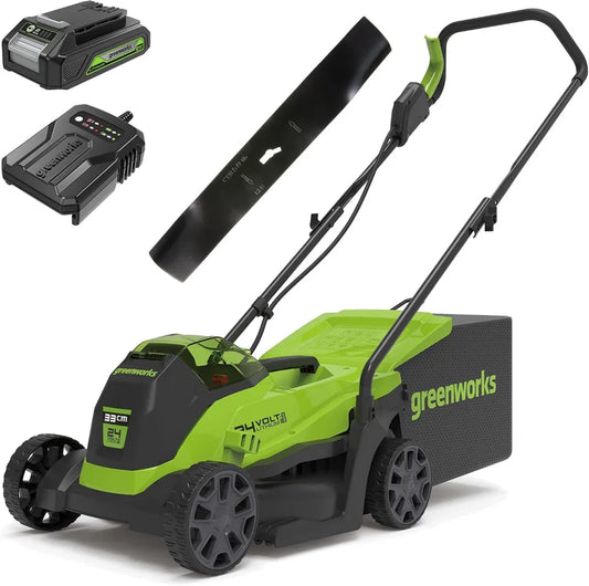 Greenworks 24V Akku-Rasenmäher mit bürstenlosem Motor, 33 cm Schnittbreite, inkl. Ladegerät und Ersatzmesser