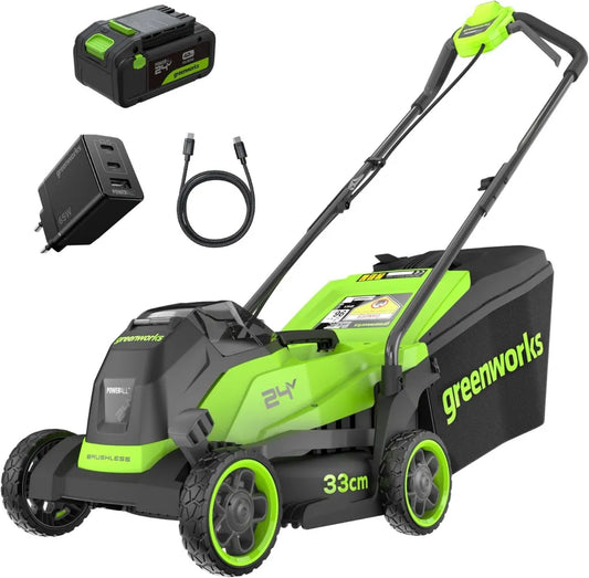 Greenworks 24V Akku-Rasenmäher Set mit 33 cm Schnittbreite, für Flächen bis 280 m², inkl. Rasentrimmer mit automatischer Fadenzufuhr, 4 Ah Akku und Ladegerät, 3 Jahre Garantie