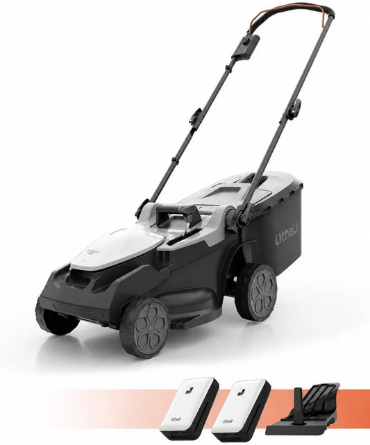 Litheli Kabelloser Rasenmäher, 40V, 38cm Schnittbreite, bürstenlos, für bis zu 300 m², 40L Grasfangkorb, 25-75 mm Schnitthöhe, inkl. 2x4,0 Ah Akkus