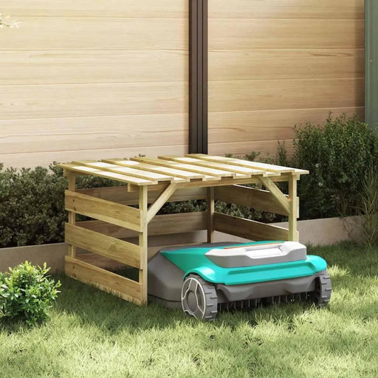 Wetterfeste Roboterrasenmäher-Garage aus imprägniertem Kiefernholz, Braun, 84x80x56 cm