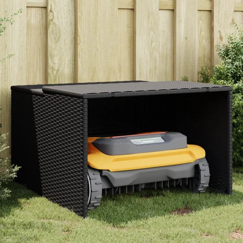Wetterfeste Mähroboter-Garage aus Poly-Rattan, Schwarz, 86x90x52/57 cm
