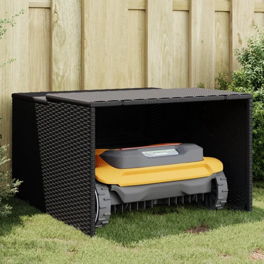 Wetterfeste Mähroboter-Garage aus Poly-Rattan, Schwarz, 86x90x52/57 cm