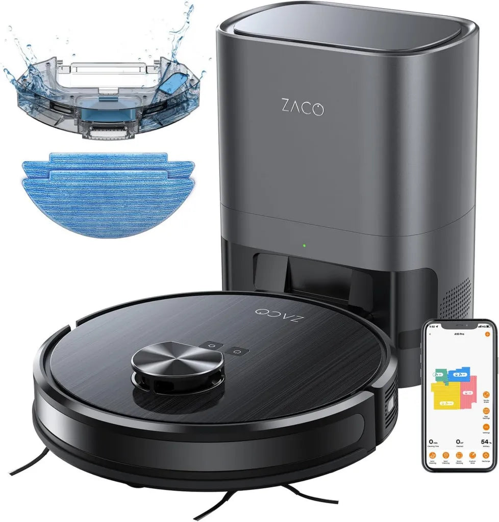 ZACO A10 Pro Staubsaugerroboter mit Lasernavigation und Absaugstation, ideal für Tierhaare und Teppiche, leise, App & Alexa-kompatibel