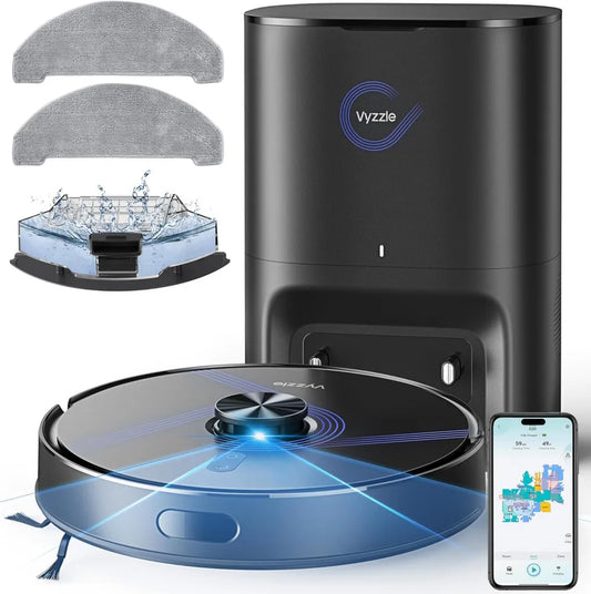 Vyzzle Saugroboter mit Wischfunktion, 10000Pa, 3,5L Absaugstation, LiDAR Navigation, 180 Min Laufzeit, App-Steuerung, für Tierhaare, Hartböden und Teppiche - Schwarz