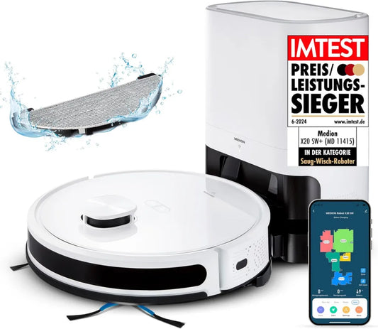 MEDION X20 Saugroboter mit Absaugstation und Wischfunktion, 3000Pa, Lasernavigation