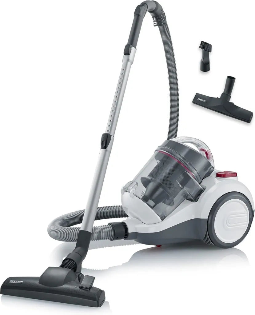 Severin Zyklon-Staubsauger ohne Beutel, leistungsstarker Bodenstaubsauger, 800 W, 9 m Aktionsradius, leise 79 dB, 2,1 L Kapazität, weiß-rot-anthrazit