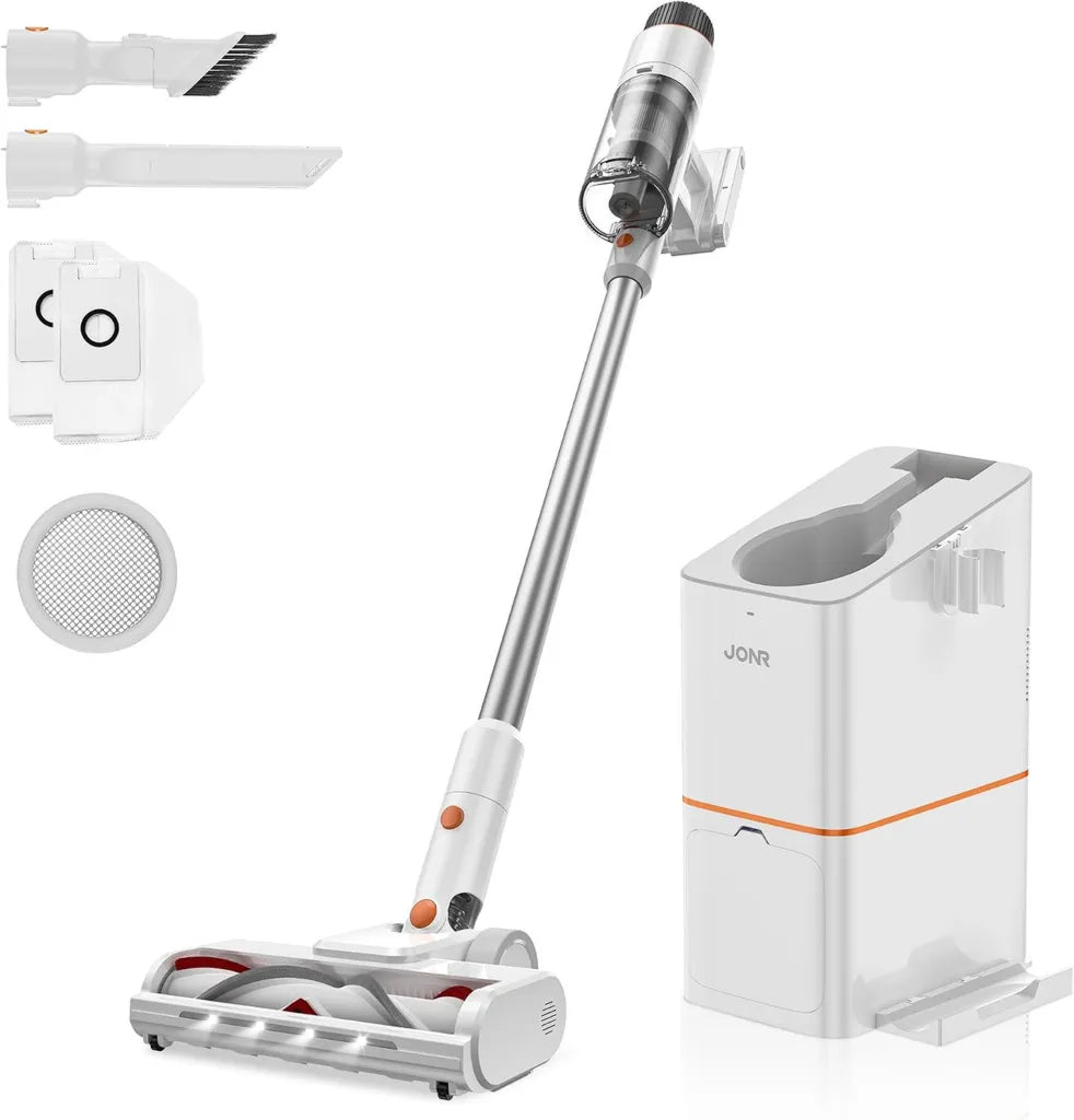 Kabelloser Staubsauger 27000Pa mit 2.5L Basisstation, 60 Min Laufzeit, 150AW Saugleistung, Selbstladend, LED-Licht