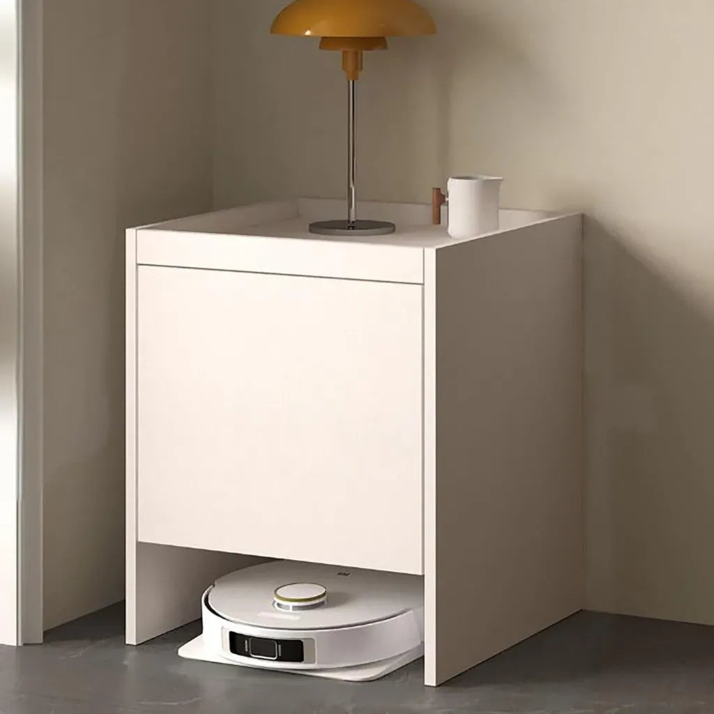 Moderner Staubsauger-Roboter-Schrank mit Türen und Schubladen, Holz Beistelltisch, Freistehendes Regal für Zuhause oder Büro, Weiß, 65 cm